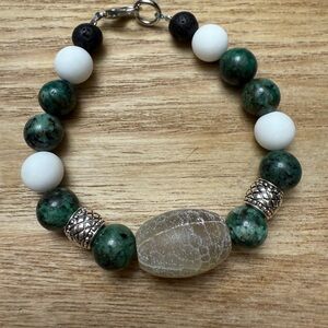 Green and White natural stone men’s Bracelet with Silver Accents